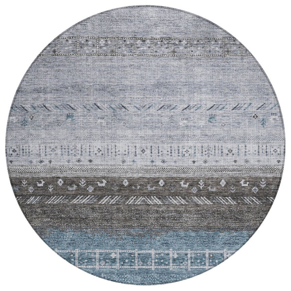 HomeRoots 5' Southwestern Washable Area Rug in Blue-Gray & Charcoal - Durable, Easy-Clean for Indoors & Outdoors 8' Round 605129