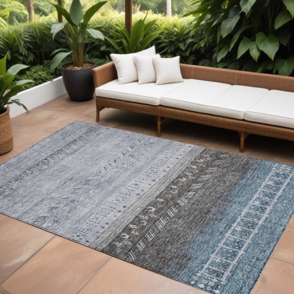 HomeRoots 9' X 12' Southwestern Washable Area Rug – Blue Gray Geometric Design for Indoor & Outdoor Use 605131