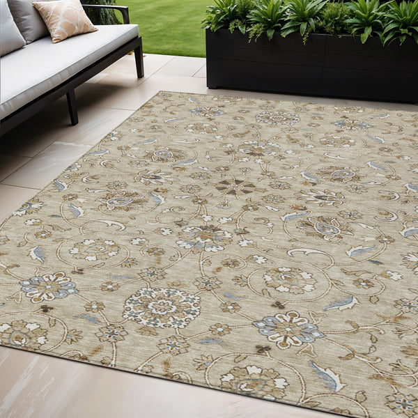 Homeroots 3' Stylish Beige Blue And Brown Moroccan Washable Area Rug For Indoor And Outdoor Spaces 5' X 8' Polyester 605140