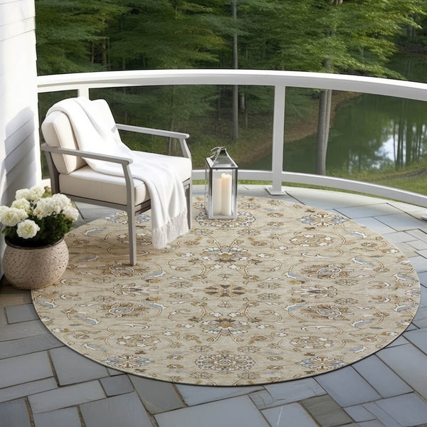 Homeroots 3' Stylish Beige Blue And Brown Moroccan Washable Area Rug For Indoor And Outdoor Spaces 8' Round Polyester 605141