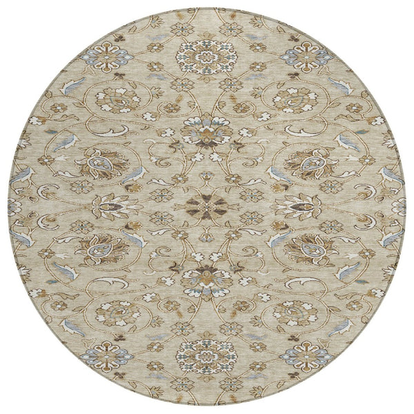 HomeRoots 5' Moroccan-Inspired Washable Area Rug – Durable Indoor/Outdoor Design in Beige, Blue & Brown Tones 8' Round 605141