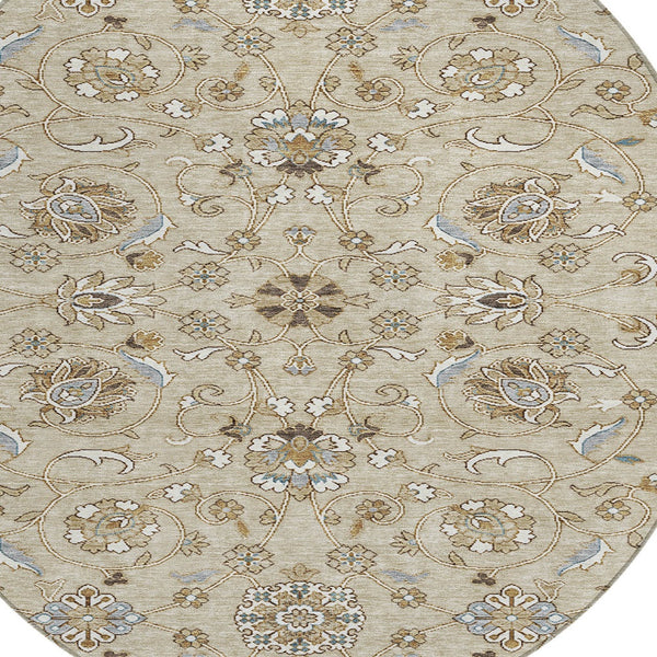 Homeroots 3' Stylish Beige Blue And Brown Moroccan Washable Area Rug For Indoor And Outdoor Spaces 8' Round Polyester 605141