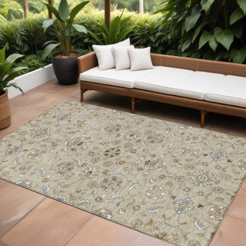 HomeRoots 5' Moroccan-Inspired Washable Area Rug – Durable Indoor/Outdoor Design in Beige, Blue & Brown Tones 10' X 14' 605144