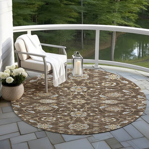 Homeroots 3' Stylish Beige Blue And Brown Moroccan Washable Area Rug For Indoor And Outdoor Spaces 8' Round Polyester 605153