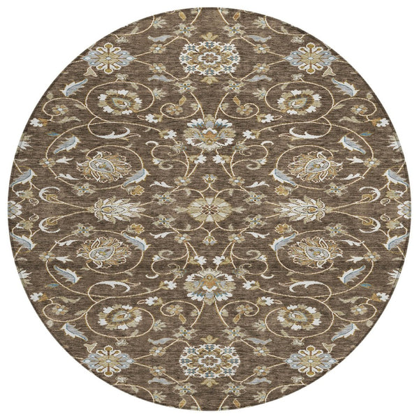 HomeRoots 5' Moroccan-Inspired Chocolate, Ivory & Gray Area Rug - Stylish, Washable, Durable for Indoors & Outdoors 8' Round 605153