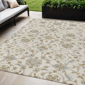 Homeroots 3' Stylish Beige Blue And Brown Moroccan Washable Area Rug For Indoor And Outdoor Spaces 5' X 8' Polyester 605158