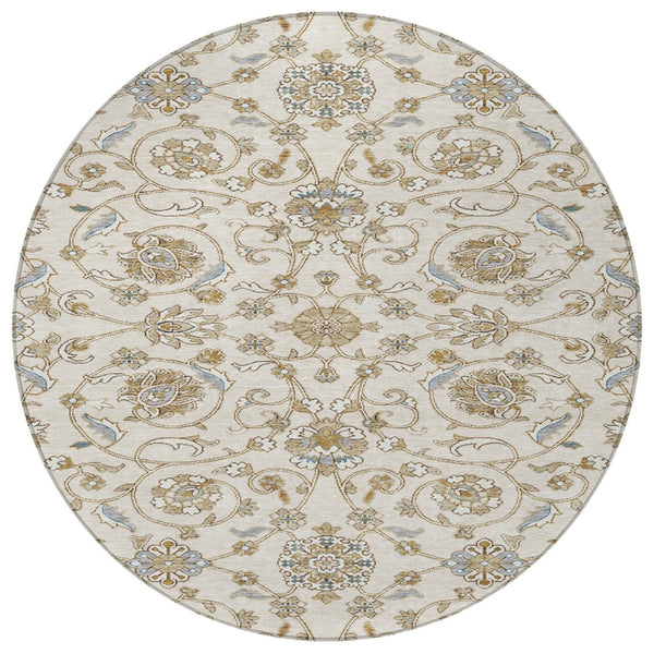 Homeroots 3' Stylish Beige Blue And Brown Moroccan Washable Area Rug For Indoor And Outdoor Spaces 8' Round Polyester 605159