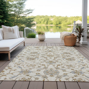 Homeroots 3' Stylish Beige Blue And Brown Moroccan Washable Area Rug For Indoor And Outdoor Spaces 8' X 10' Polyester 605160