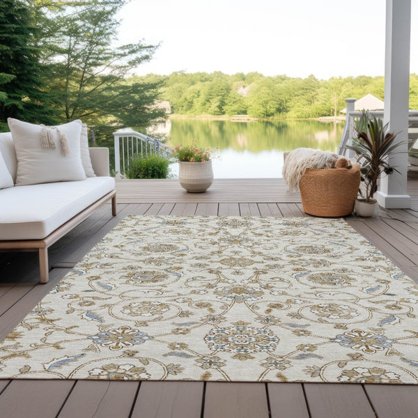 Homeroots 3' Stylish Beige Blue And Brown Moroccan Washable Area Rug For Indoor And Outdoor Spaces 9' X 12' Polyester 605161