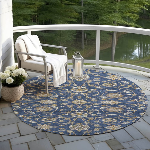 Homeroots 3' Stylish Beige Blue And Brown Moroccan Washable Area Rug For Indoor And Outdoor Spaces 8' Round Polyester 605165