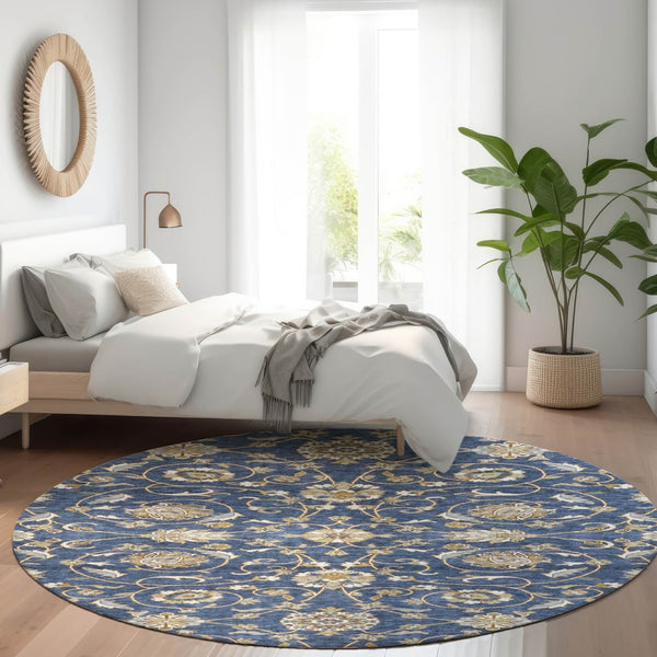 Homeroots 3' Stylish Beige Blue And Brown Moroccan Washable Area Rug For Indoor And Outdoor Spaces 8' Round Polyester 605165