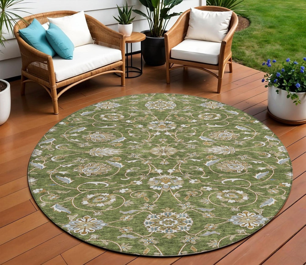 HomeRoots 5' Stylish Moroccan Indoor/Outdoor Area Rug in Olive Green, Brown, Ivory – Durable & Easy Care! 8' Round 605171