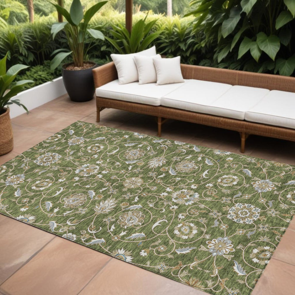 HomeRoots 9' X 12' Moroccan-Inspired Olive Green and Ivory Washable Area Rug for Indoor and Outdoor Use 605173