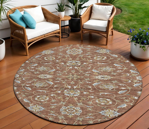 Homeroots 3' Stylish Beige Blue And Brown Moroccan Washable Area Rug For Indoor And Outdoor Spaces 8' Round Polyester 605177