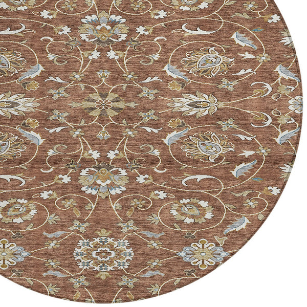 Homeroots 3' Stylish Beige Blue And Brown Moroccan Washable Area Rug For Indoor And Outdoor Spaces 8' Round Polyester 605177