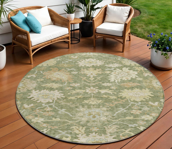 Homeroots 3' Artichoke Green Floral Indoor Outdoor Area Rug - Durable, Washable, Stylish For Any Space 8' Round Polyester 605183
