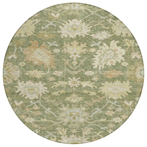 HomeRoots 5' Floral Indoor Outdoor Area Rug - Artichoke Green, Ivory, Tan - Durable, Washable & Stylish 8' Round 605183