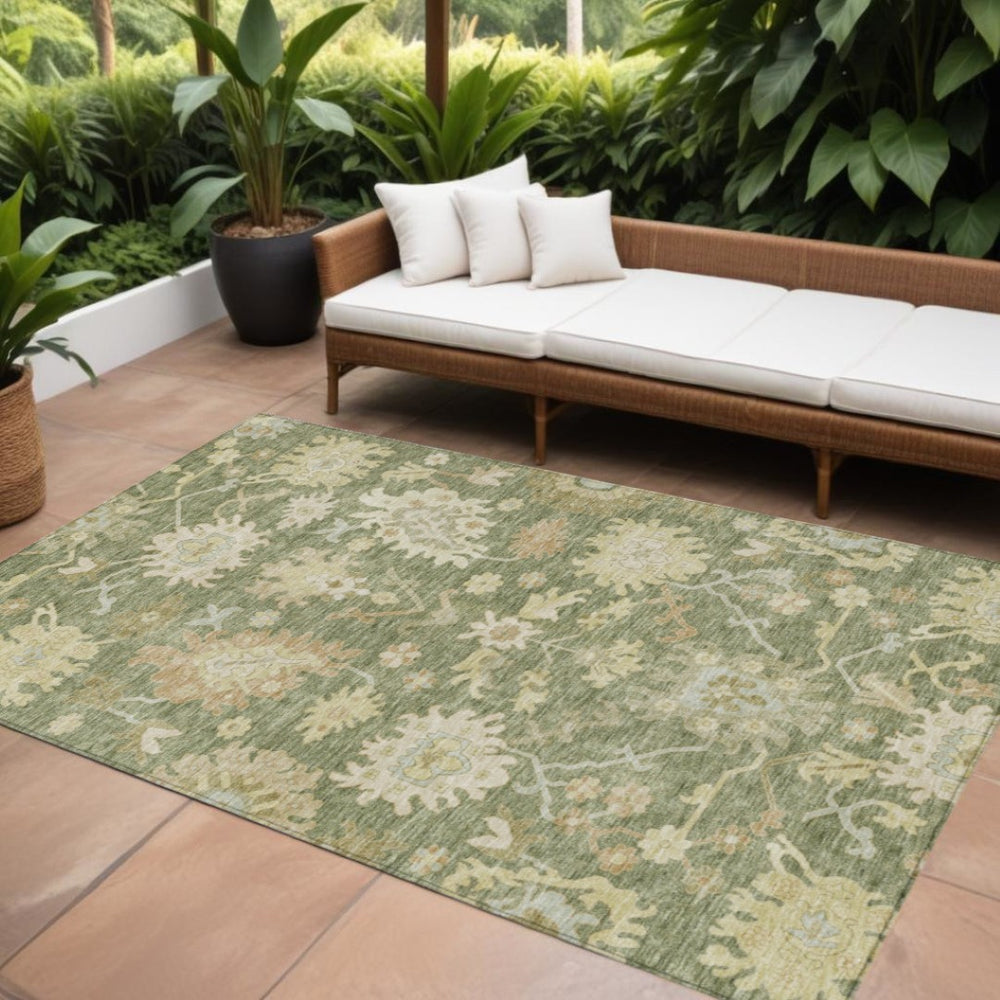 HomeRoots 9' X 12' Stunning Floral Washable Area Rug in Artichoke Green, Ivory & Tan for Indoor/Outdoor Use 605185
