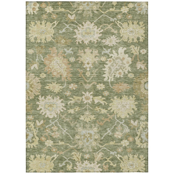HomeRoots 9' X 12' Stunning Floral Washable Area Rug in Artichoke Green, Ivory & Tan for Indoor/Outdoor Use 605185