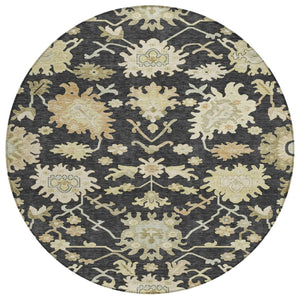 HomeRoots 5' Black and Ivory Floral Area Rug - Durable, Washable, Indoor-Outdoor Design for Versatile Spaces 8' Round 605189