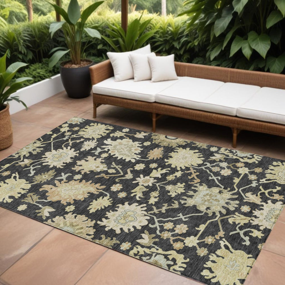 HomeRoots 5' Black and Ivory Floral Area Rug - Durable, Washable, Indoor-Outdoor Design for Versatile Spaces 8' X 10' 605190