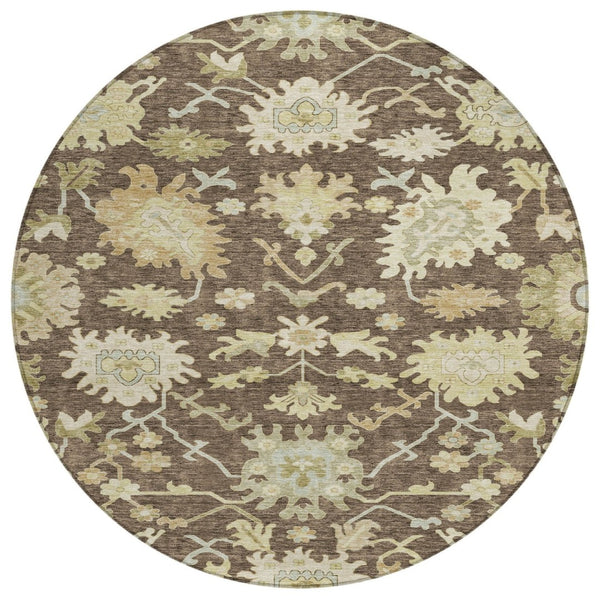 HomeRoots 5' Durable Chocolate and Beige Floral Area Rug for Indoor Outdoor Use – Stain-Resistant & Washable 8' Round 605195