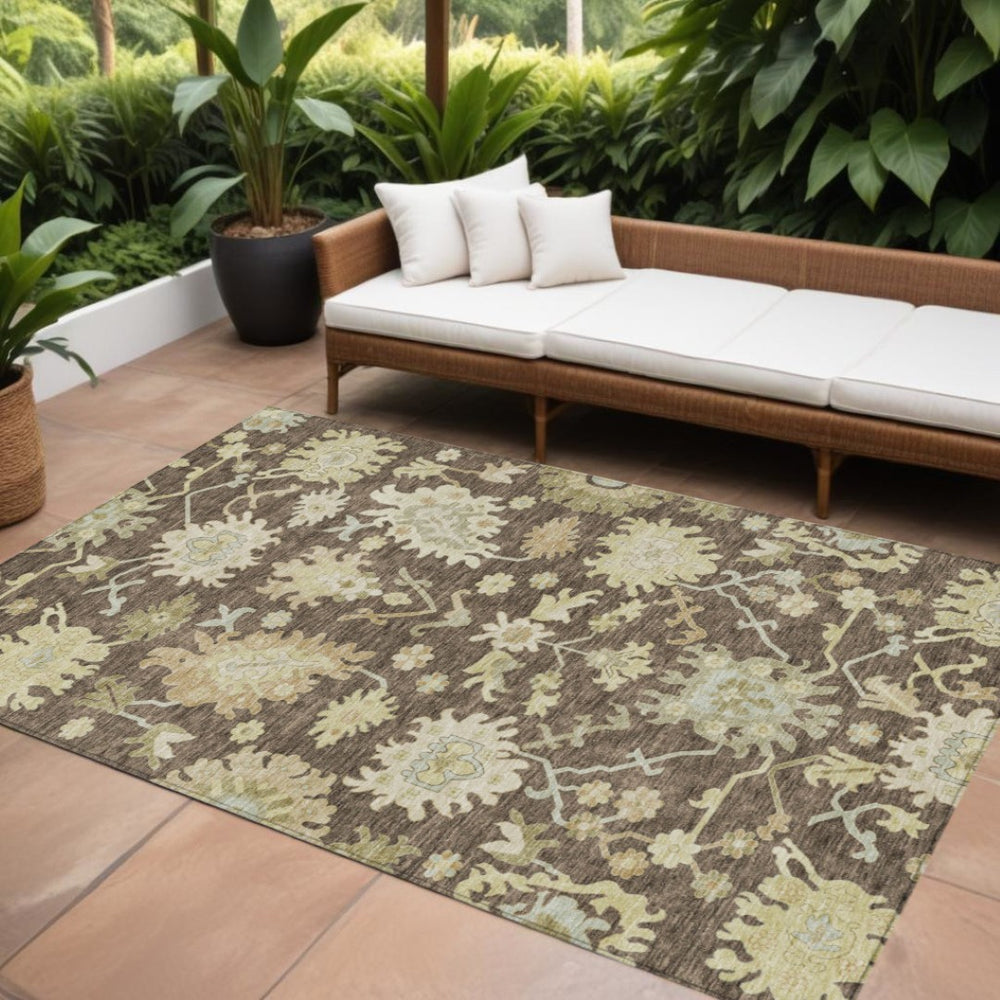 HomeRoots 9' X 12' Chocolate and Beige Floral Area Rug - Durable, Washable, Indoor/Outdoor Charm for All Spaces 605197