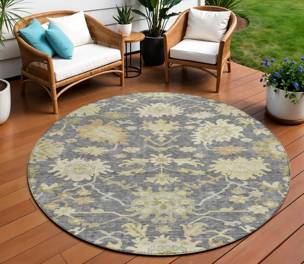 HomeRoots 5' Floral Indoor Outdoor Area Rug in Gray, Ivory, and Green – Stylish, Washable & Durable Design 8' Round 605207