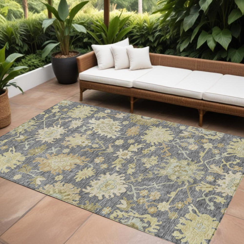 HomeRoots 9' X 12' Durable Gray Ivory Green Floral Washable Area Rug for Indoor & Outdoor Elegance and Style 605209