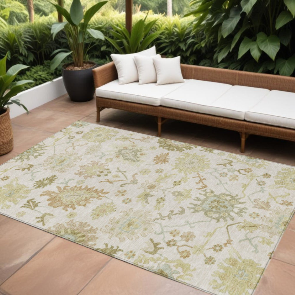 HomeRoots 9' Floral Indoor Outdoor Area Rug - Durable Ivory Green Tan Washable Design for High-Traffic Spaces 605215