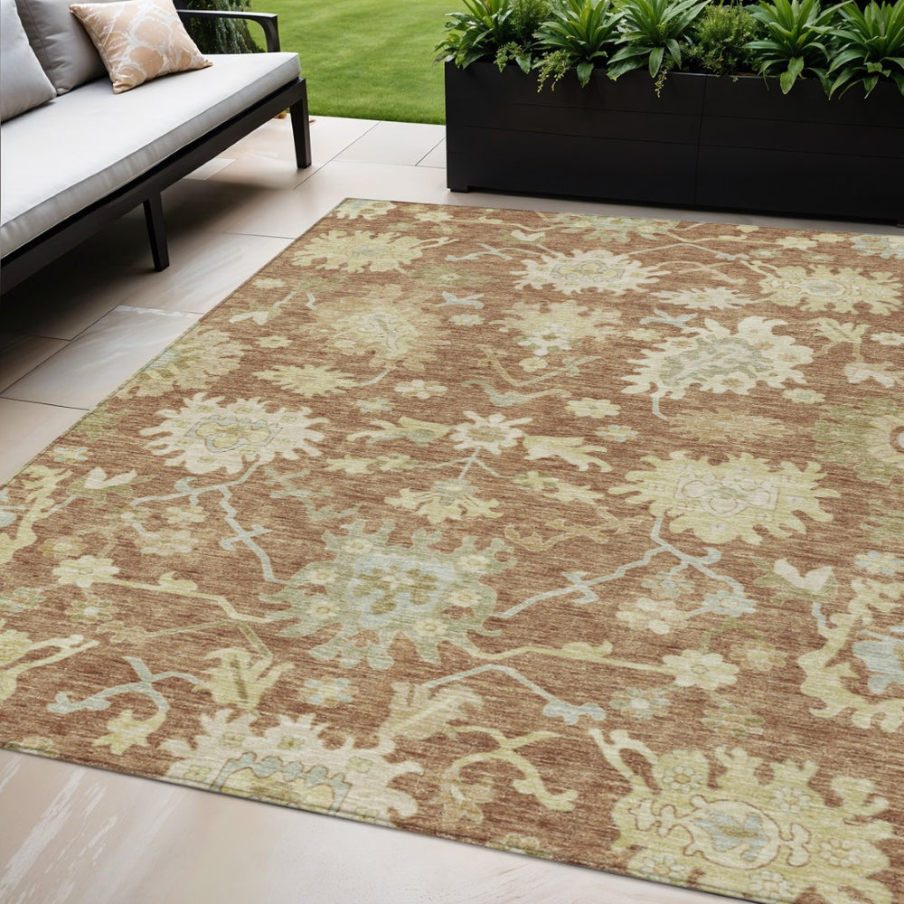 HomeRoots 5' Copper Green and Ivory Floral Washable Area Rug - Stylish, Durable, and Easy-Care for Any Space 5' X 8' 605218