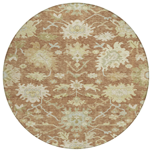 HomeRoots 5' Copper Green and Ivory Floral Washable Area Rug - Stylish, Durable, and Easy-Care for Any Space 8' Round 605219