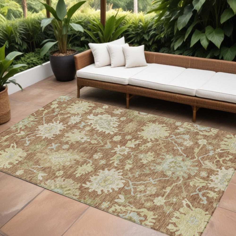 HomeRoots 9' Indoor/Outdoor Copper Green & Ivory Floral Area Rug - Washable, Durable, Stain-Resistant Design 605221