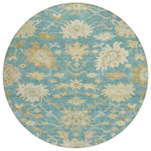 HomeRoots 5' Stylish Teal Blue Floral Area Rug - Washable, Durable & Versatile for Indoor/Outdoor Spaces 8' Round 605225