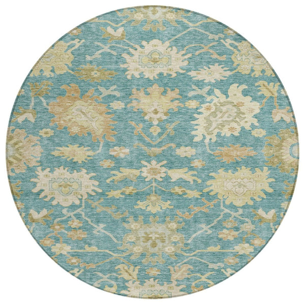 HomeRoots 5' Stylish Teal Blue Floral Area Rug - Washable, Durable & Versatile for Indoor/Outdoor Spaces 8' Round 605225