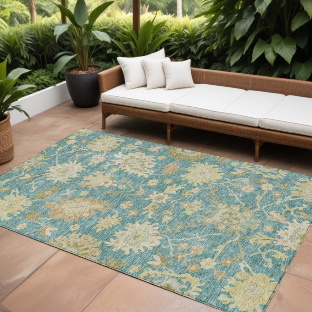 HomeRoots 9' X 12' Teal Blue Floral Area Rug – Washable Indoor/Outdoor Design for Durable Elegance & Style 605227