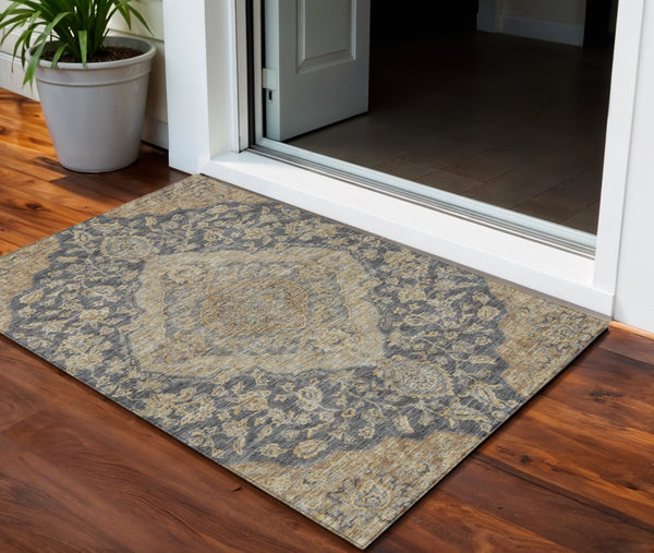 Homeroots 3' Charcoal Gray And Brown Oriental Washable Rug For Indoor And Outdoor Spaces - Durable Design 3' X 5' Polyester 605229