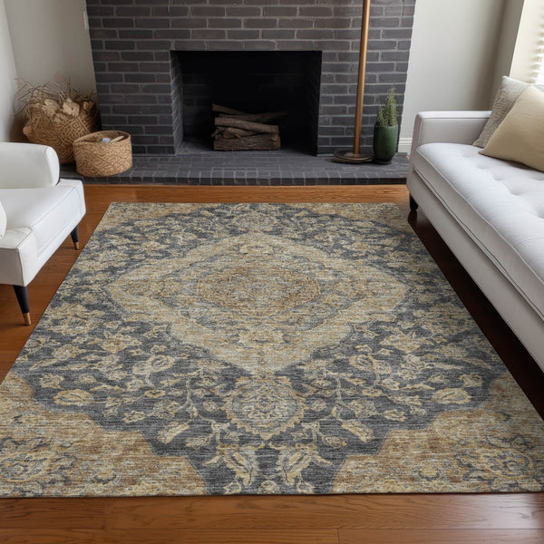 Homeroots 3' Charcoal Gray And Brown Oriental Washable Rug For Indoor And Outdoor Spaces - Durable Design 5' X 8' Polyester 605230