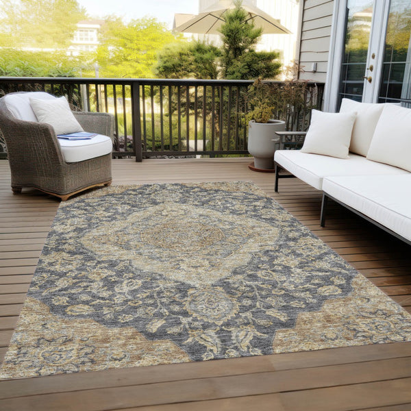 Homeroots 3' Charcoal Gray And Brown Oriental Washable Rug For Indoor And Outdoor Spaces - Durable Design 5' X 8' Polyester 605230