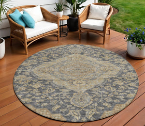 Homeroots 3' Charcoal Gray And Brown Oriental Washable Rug For Indoor And Outdoor Spaces - Durable Design 8' Round Polyester 605231