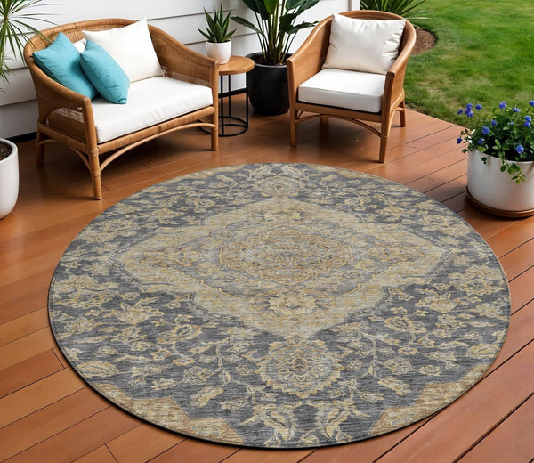 Homeroots 3' Charcoal Gray And Brown Oriental Washable Rug For Indoor And Outdoor Spaces - Durable Design 8' Round Polyester 605231