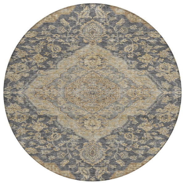 HomeRoots 5' Durable Charcoal Gray and Brown Oriental Area Rug - Elegant, Washable Design for Indoor/Outdoor Use 8' Round 605231