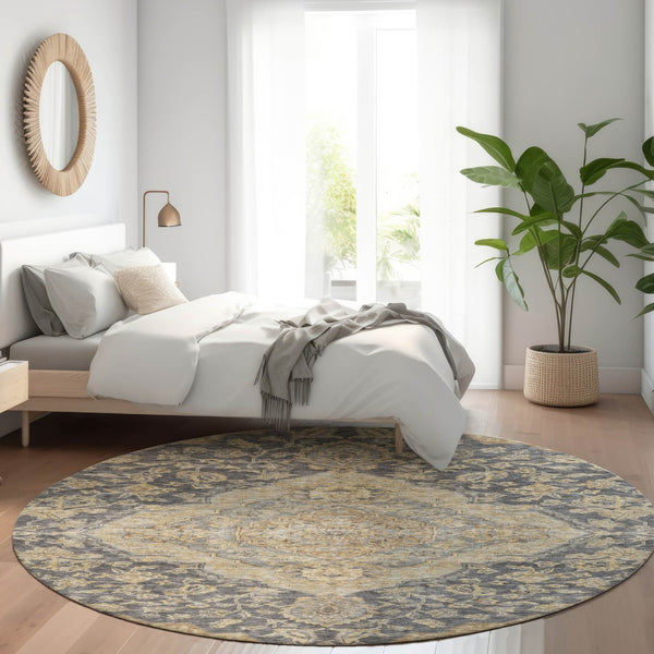 Homeroots 3' Charcoal Gray And Brown Oriental Washable Rug For Indoor And Outdoor Spaces - Durable Design 8' Round Polyester 605231