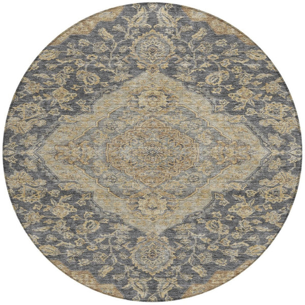 Homeroots 3' Charcoal Gray And Brown Oriental Washable Rug For Indoor And Outdoor Spaces - Durable Design 8' Round Polyester 605231