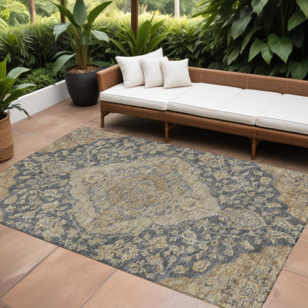 HomeRoots 9' X 12' Stylish Charcoal Gray & Brown Oriental Area Rug - Washable, Durable, Indoor/Outdoor Use! 605233