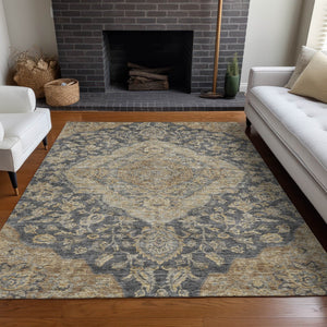 Homeroots 3' Charcoal Gray And Brown Oriental Washable Rug For Indoor And Outdoor Spaces - Durable Design 10' X 14' Polyester 605234