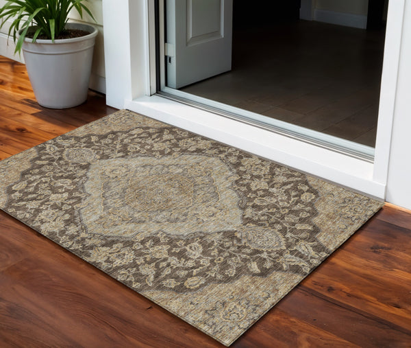 Homeroots 3' Charcoal Gray And Brown Oriental Washable Rug For Indoor And Outdoor Spaces - Durable Design 3' X 5' Polyester 605235