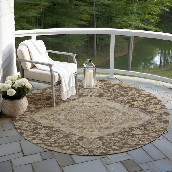 Homeroots 3' Charcoal Gray And Brown Oriental Washable Rug For Indoor And Outdoor Spaces - Durable Design 8' Round Polyester 605237