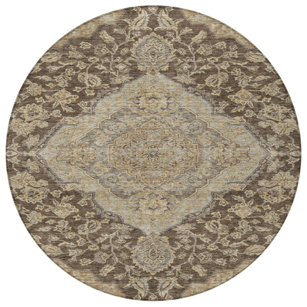 Homeroots 3' Charcoal Gray And Brown Oriental Washable Rug For Indoor And Outdoor Spaces - Durable Design 8' Round Polyester 605237
