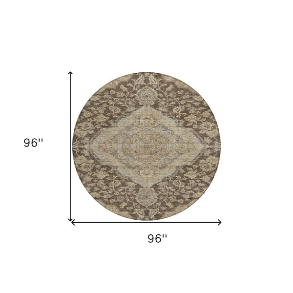 Homeroots 3' Charcoal Gray And Brown Oriental Washable Rug For Indoor And Outdoor Spaces - Durable Design 8' Round Polyester 605237